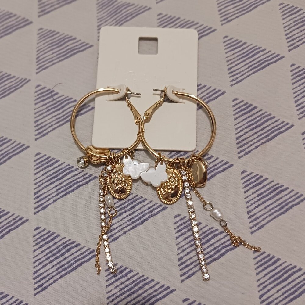 I Am Fashion Jewelry Gold Tone Hoop Dangle Earrings Butterfly Rhinestone Fringe